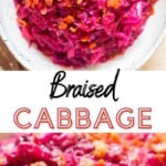 braised red cabbage with bacon with text overlay