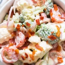 easy broccoli cauliflower salad with bacon crumbs