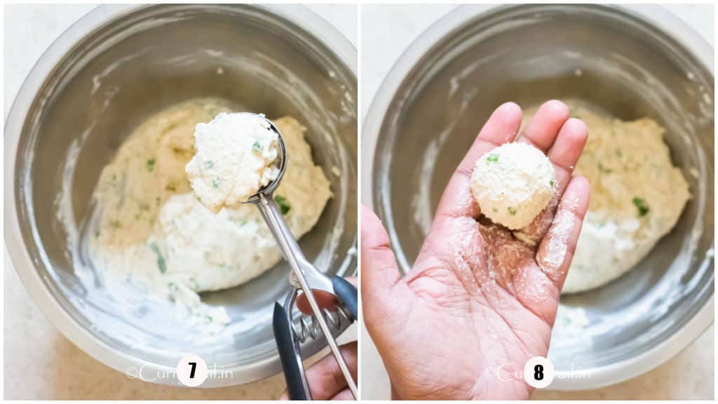 shaping chilled cheese balls to make appetizer.