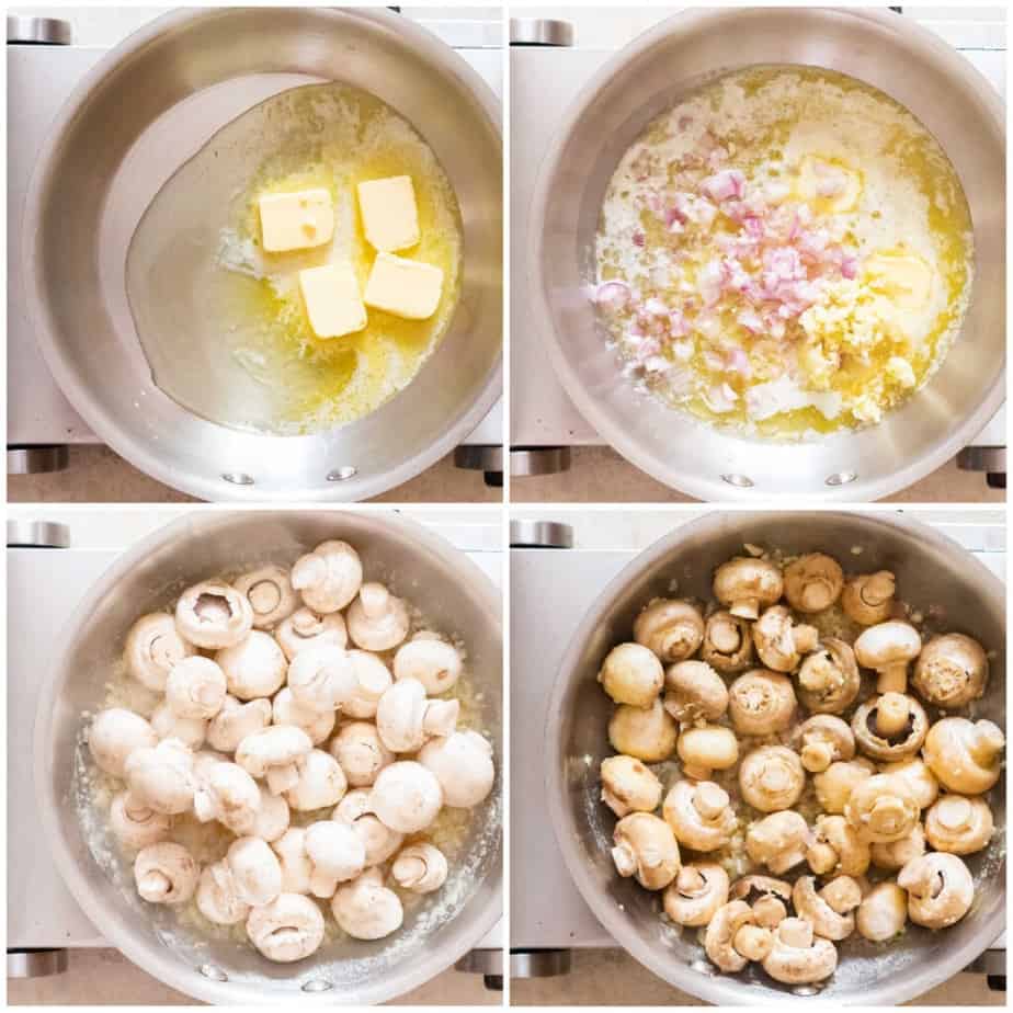picture collage of making garlic butter mushrooms