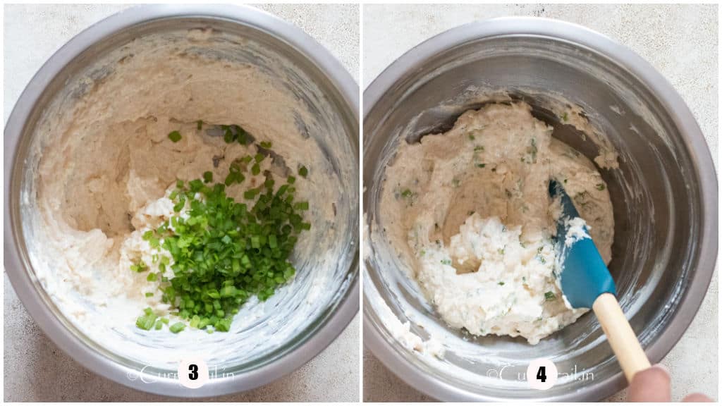 Picture collage of making chees balls in a bowl.