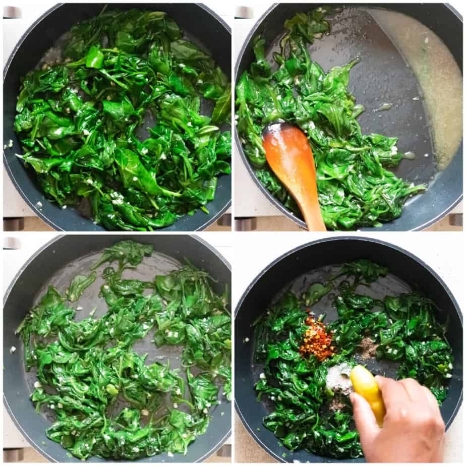 picture collage of spinach sauteed in olive oil