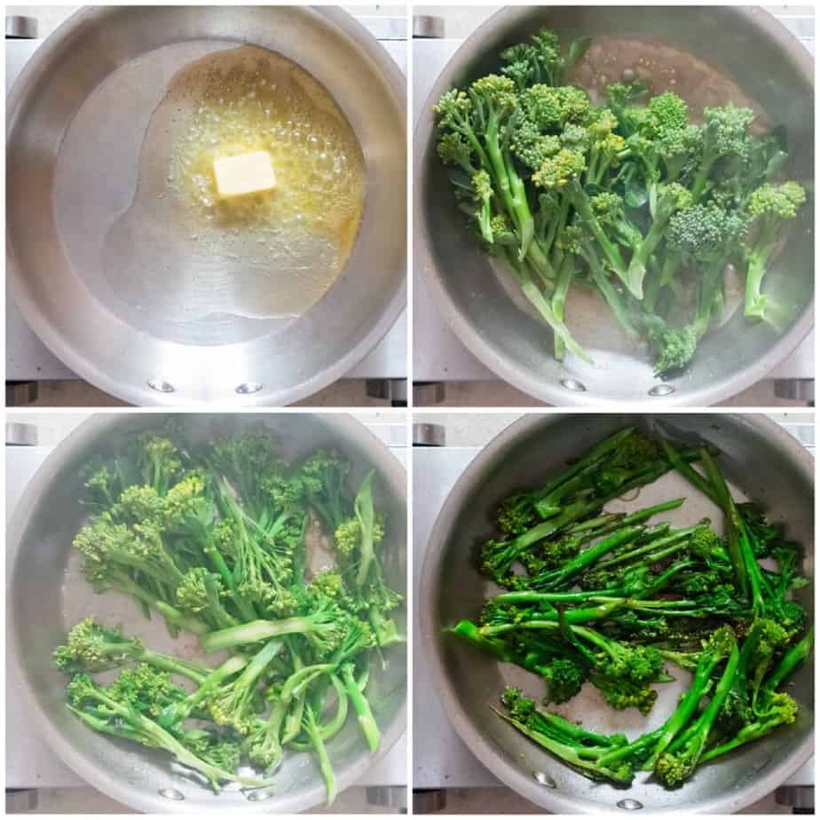 step by step picture collage of sauteing broccolini