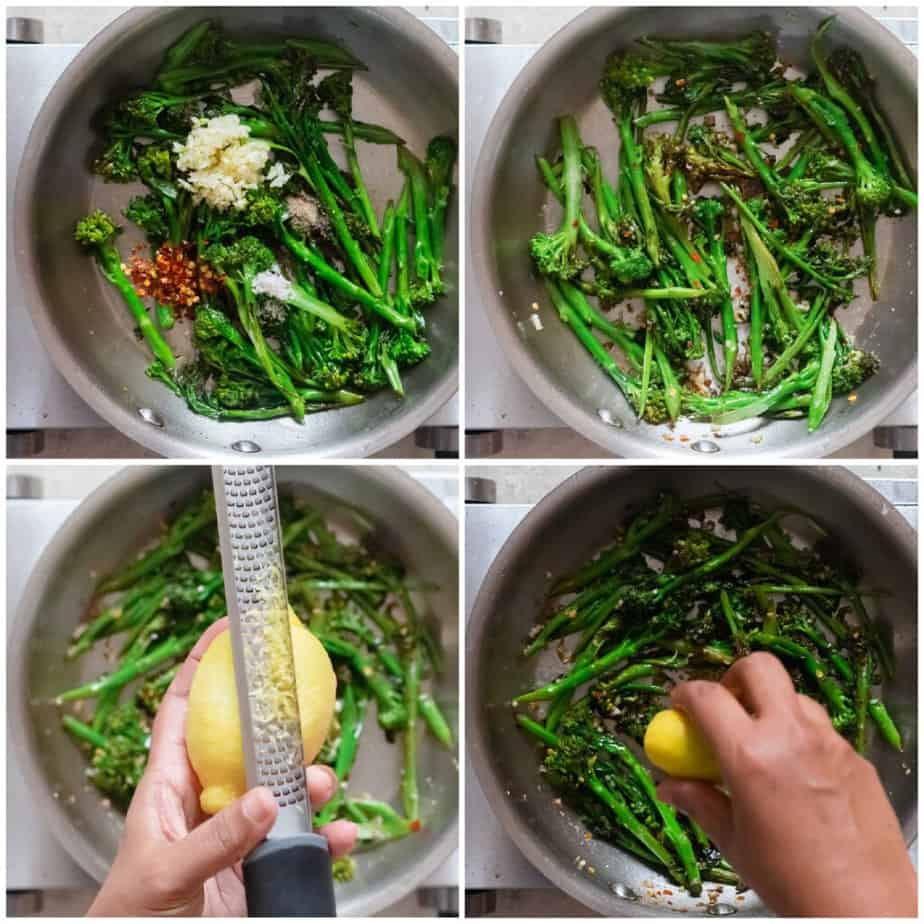 step by step picture collage of sauteing broccolini