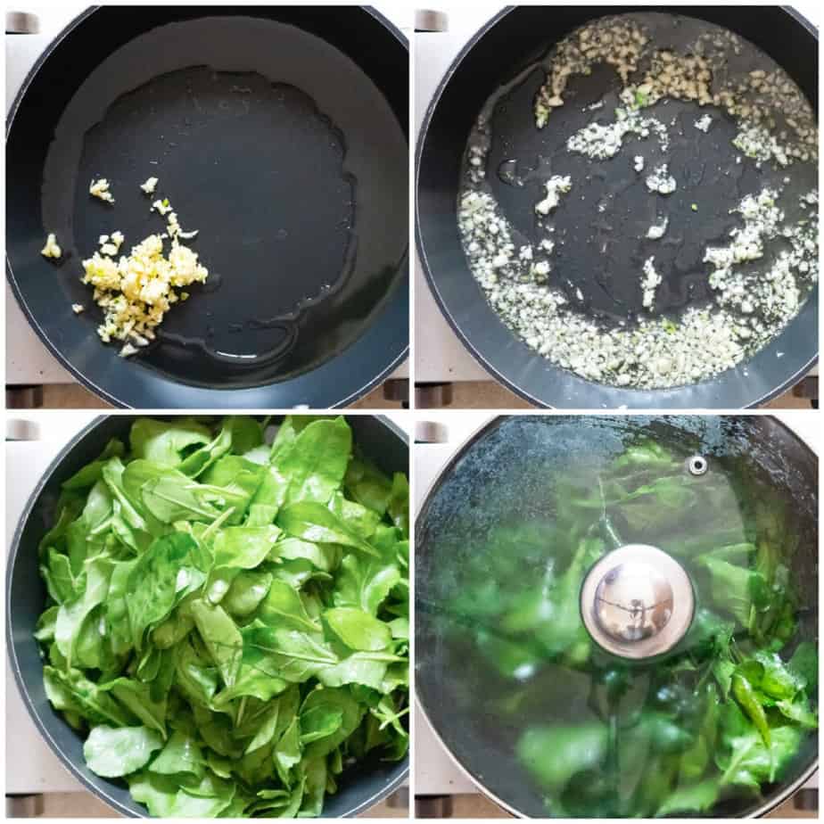 picture collage of spinach sauteed in olive oil