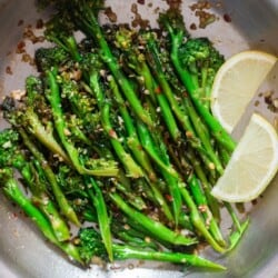 sauteed broccolini with garlic and lemon cooked in skillet