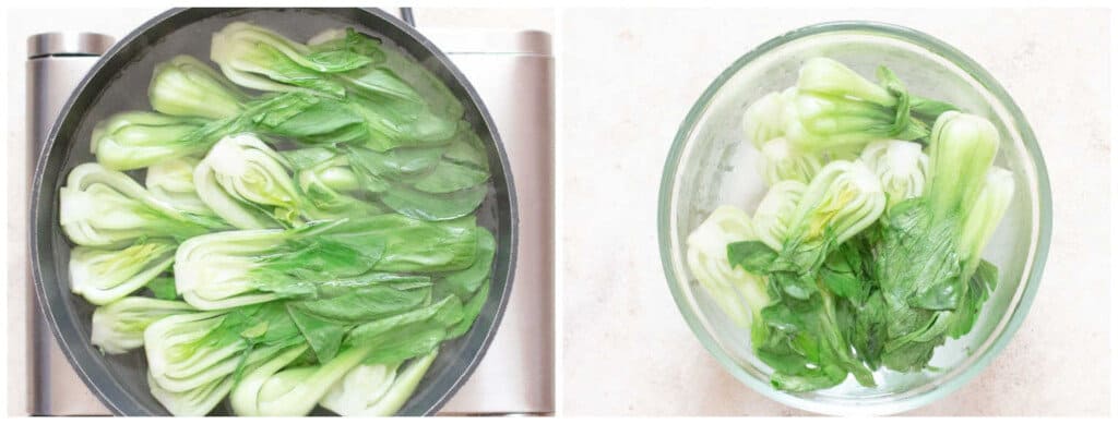 picture collage of cooking bok choy