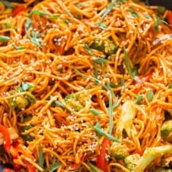 close up view of spicy Korean noodles in wok
