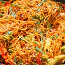 close up view of spicy Korean noodles in wok