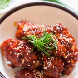 close view of sweet spicy Korean fried chicken