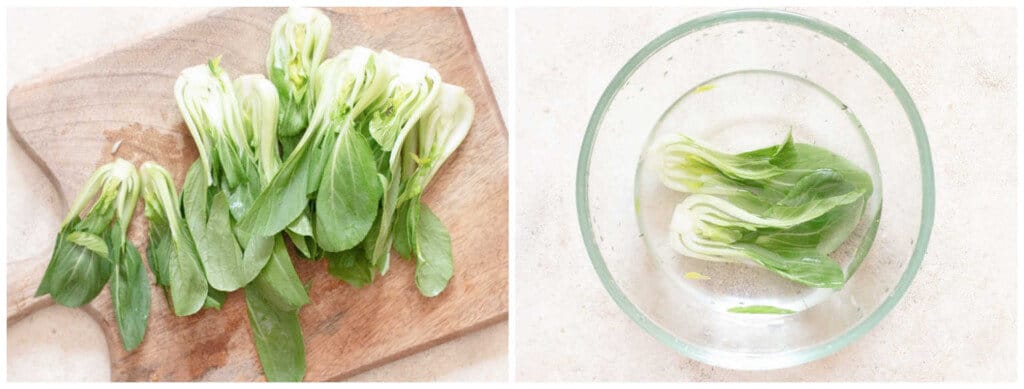 picture collage of how to clean bok choy
