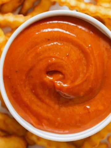 close view of spicy Korean mayo with fries