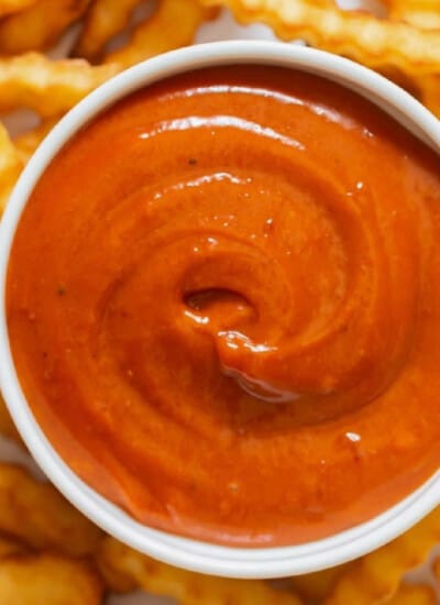 close view of spicy Korean mayo with fries