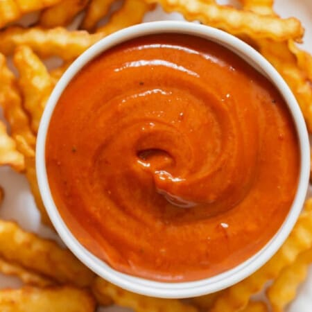 close view of spicy Korean mayo with fries