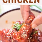 sticky sweet spicy fried chicken with Korean sauce with text