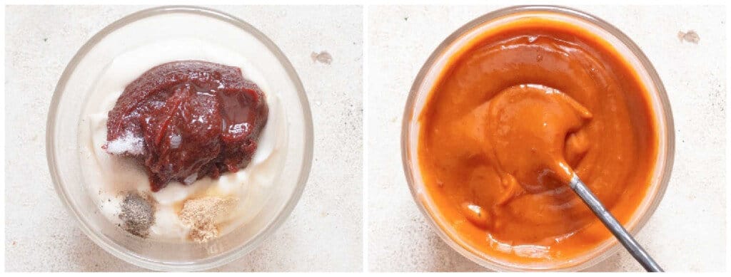 picture collage of making gochujang mayo