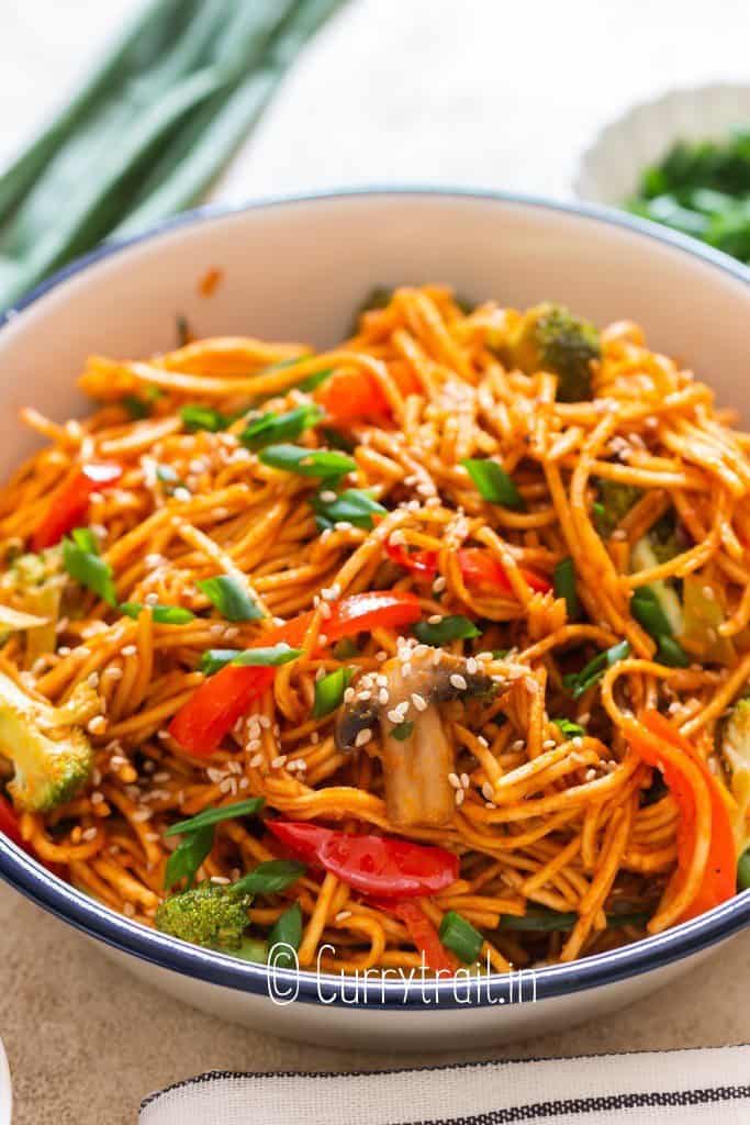 close view of gochujang noodles in a bowl