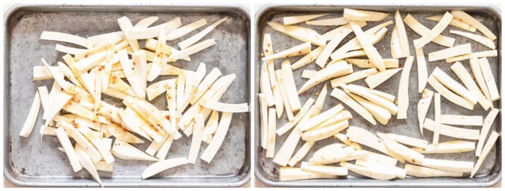 picture collage of parsnips before baking