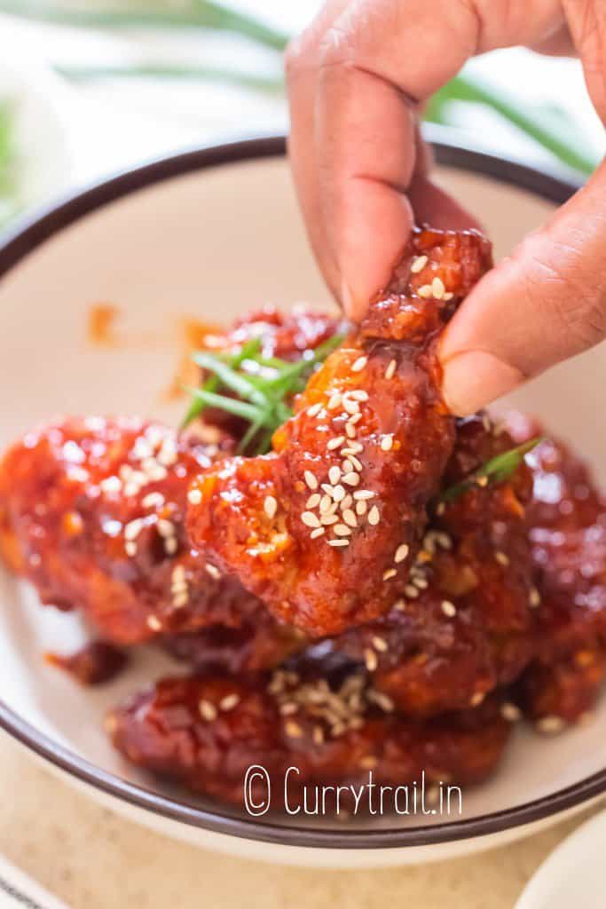 close view of sweet spicy Korean fried chicken