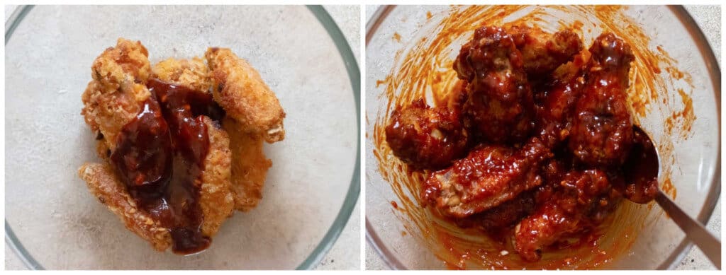 coating fried chicken with sweet spicy sauce