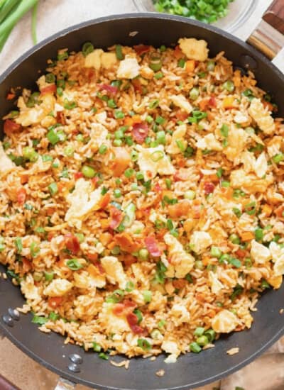 Chinese bacon fried rice cooked in wok