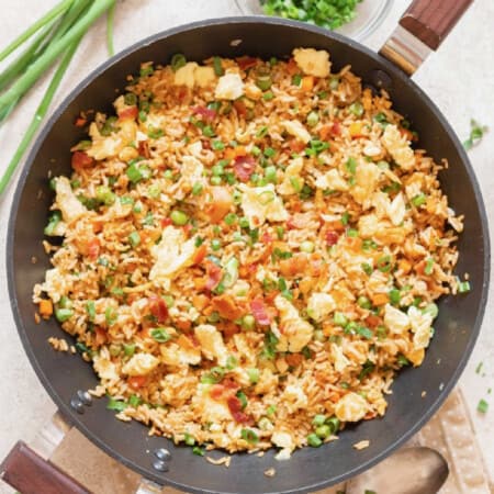 Chinese bacon fried rice cooked in wok