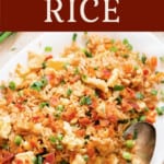 close view of fried rice with bacon with text