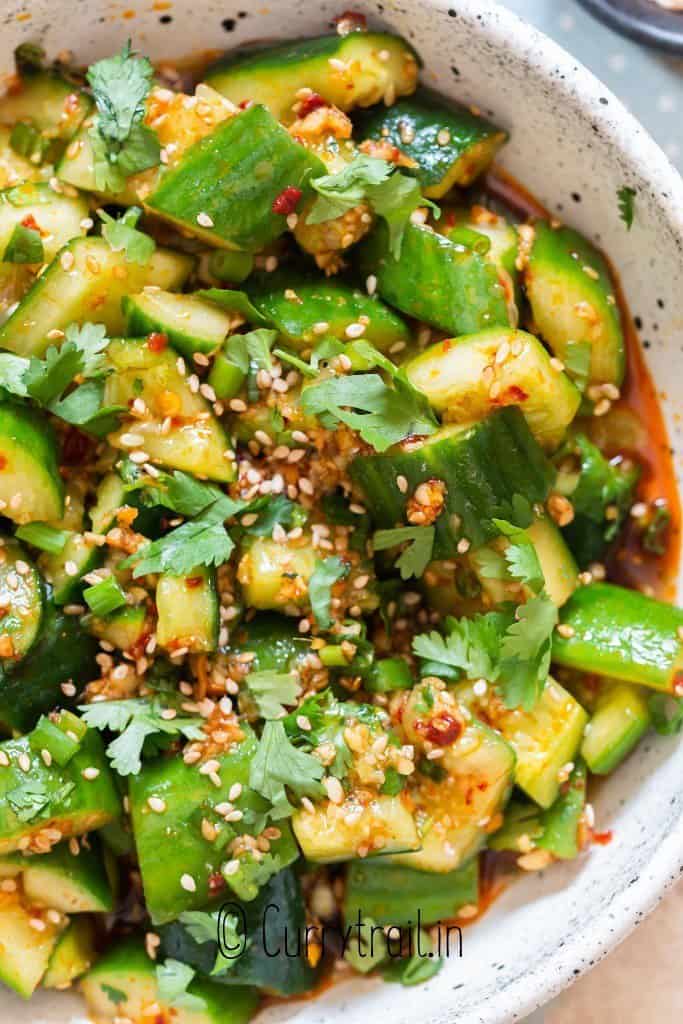 close up view of cucumber salad