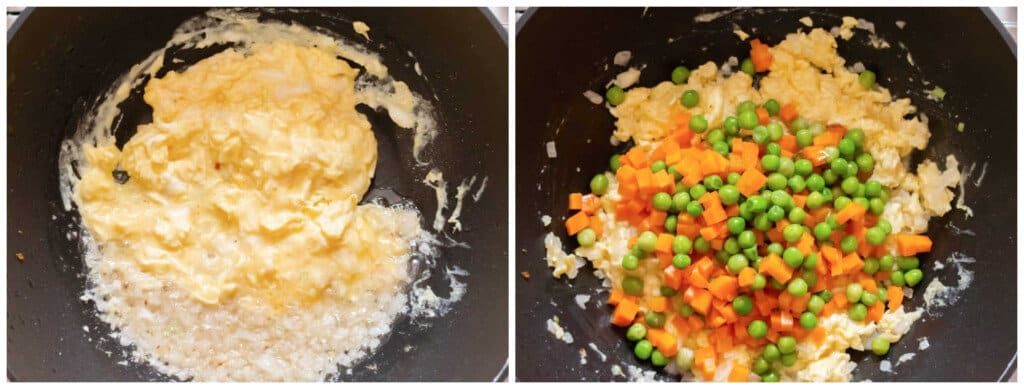 cooking eggs and vegetables for fried rice