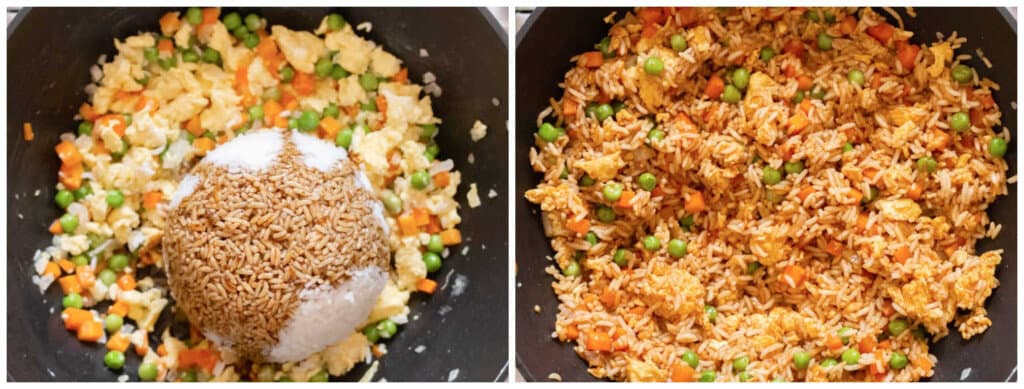 picture collage of cooking fried rice with bacon and eggs