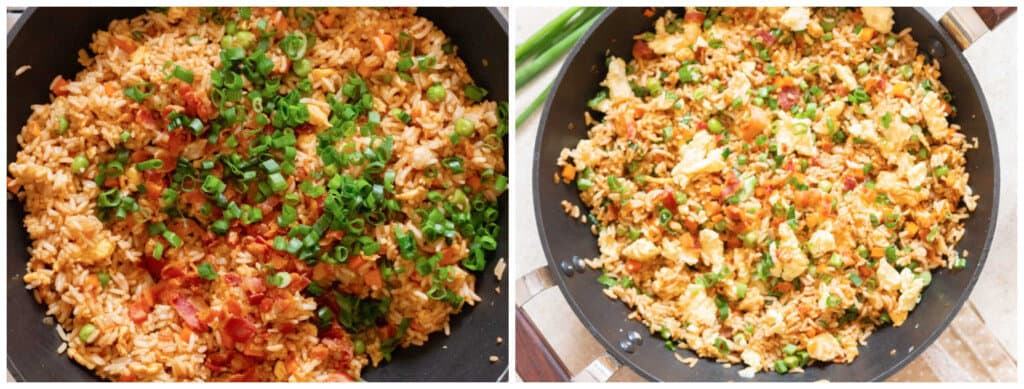 picture collage of cooking fried rice with bacon and eggs in wok