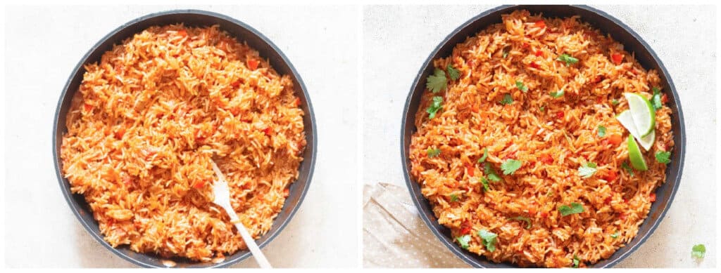 picture collage of Spanish rice in skillet