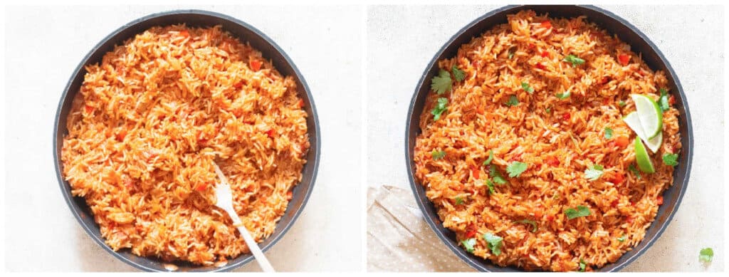 picture collage of Spanish rice in skillet