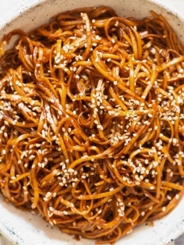 close view of hibachi style noodles in bowl