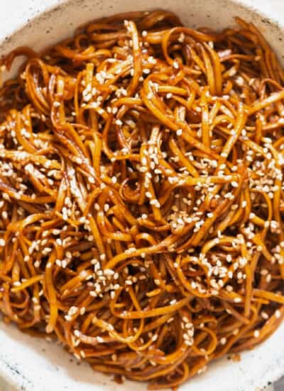 close view of hibachi style noodles in bowl