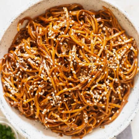 close view of hibachi style noodles in bowl