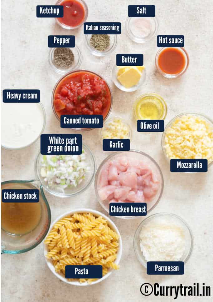all ingredients for creamy tomato chicken pasta