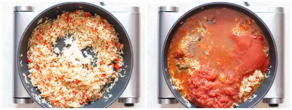 picture collage of Spanish rice in skillet