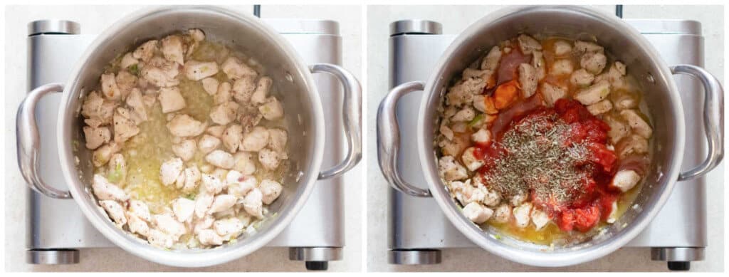 picture collage of cooking tomato chicken pasta