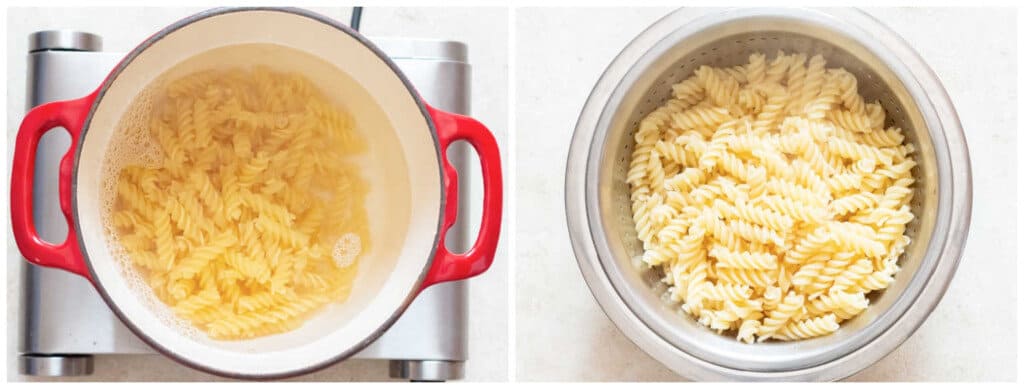 picture collage of cooking tomato chicken pasta