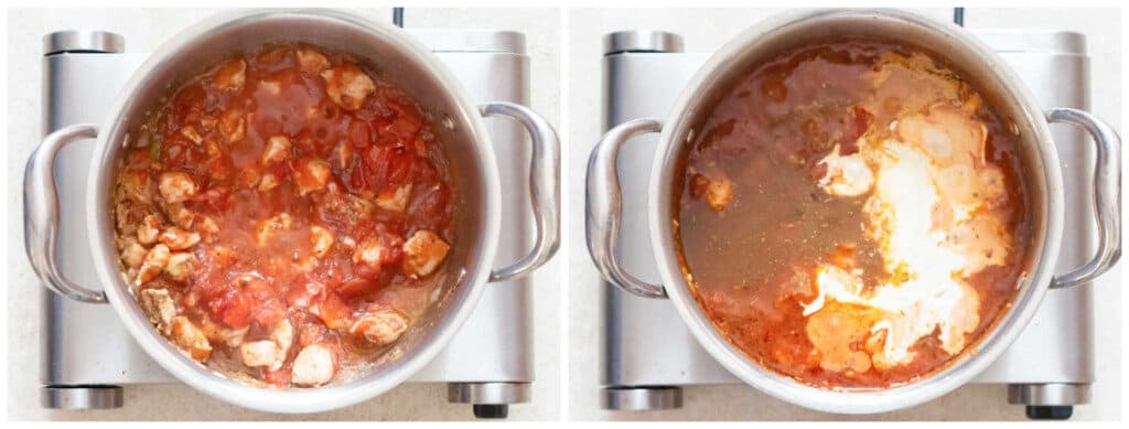 picture collage of cooking tomato chicken pasta