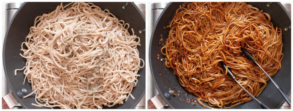 picture collage of hibachi noodles