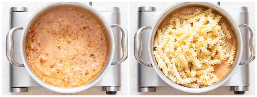 picture collage of cooking tomato chicken pasta