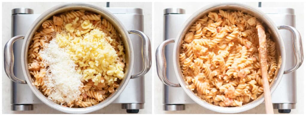 picture collage of cooking tomato chicken pasta