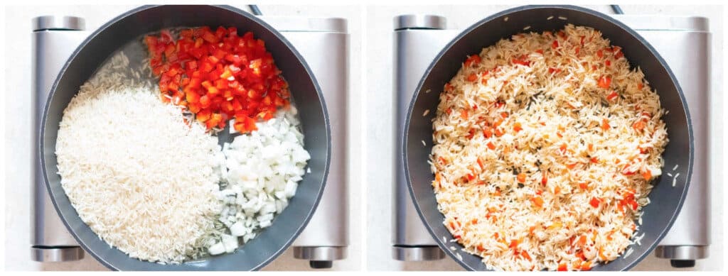 picture collage of Spanish rice in skillet