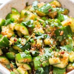 close view of smashed cucumber salad