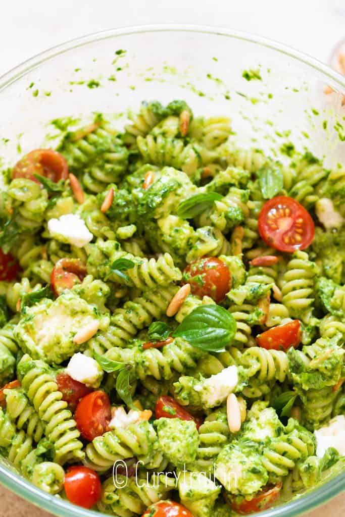 close view of pasta with pesto