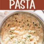 creamy garlic pasta with text