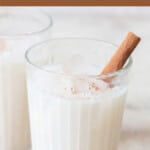 Mexican horchata drink in glass with text