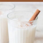 Mexican horchata drink in glass with text
